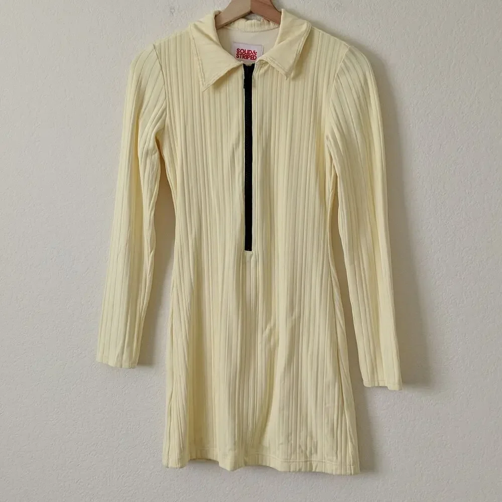 Solid & Striped Long Sleeve Ribbed Polo Zip Up Dress Mini In Blonde Rib NEW $198